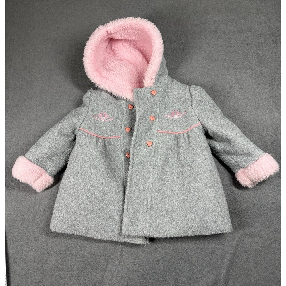 Vintage‎ JCPenneys Peacoat Baby 1 1/2 Gray Pink Hoodie Outerwear Coat Warm